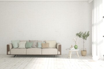 White living room with sofa. Scandinavian interior design. 3D illustration