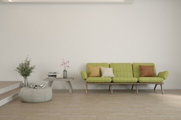 Modern minimalist interior with sofa on empty white color wall background. Interior mockup. Scandinavian interior design. 3D illustration