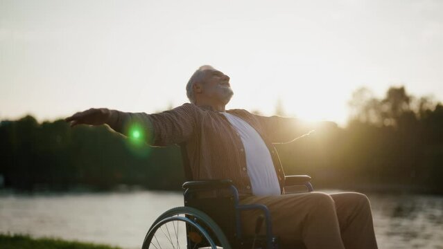 Senior man in wheelchair enjoys freedom. Male with special need spreading arms on sides happy breathing fresh air walking in city park near pond. Living with physical disability in old age concept.