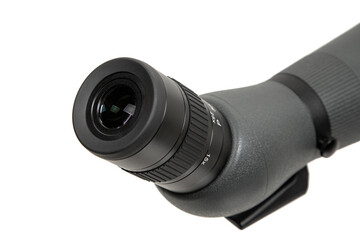 Modern spyglass. Long-range observation device. Monocular isolate on a white back