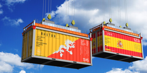 Shipping containers with flags of Bhutan and Spain - 3D illustration