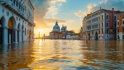 Cities near oceans, submerged in water as rising sea levels flood the historic city due to climate...