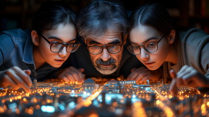 An elderly man and two young girls lean intently over a luminous urban planning model, deeply engrossed in architectural design.