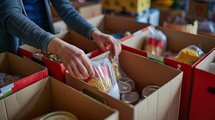 Community care: Volunteers organize foodstuffs in donation boxes to help those in need - obrazy, fototapety, plakaty