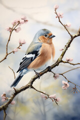 Naklejka premium Eurasian chaffinch Bird illustration. Highly detailed image of forest and garden avian. Beautiful and colorful ornithology background.