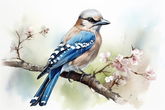 Eurasian jay Bird illustration. Highly detailed image of forest and garden avian. Beautiful and colorful ornithology background.