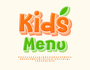 Vector creative template Kids Menu.  Funny Orange Font. Bright Childish 3D Alphabet Letters and Numbers set.