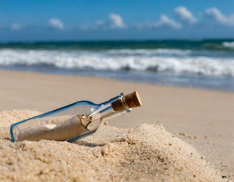 Flaschenpost im Sand am Strand am Meer