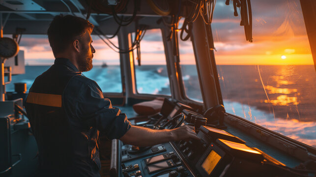 Silhouetted Ship Captain Overseeing the Horizon at Sunset From the Bridge