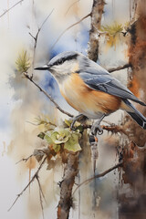 Obraz premium Nuthatch Bird illustration. Highly detailed image of forest and garden avian. Beautiful and colorful ornithology background.
