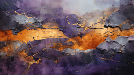 Abstract art of purple color with gold paper cracks background