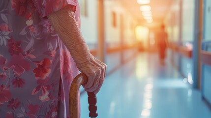 Aging gracefully: Disability patient holds walking stick, emphasizing elderly care in hospital