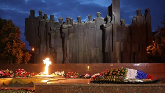  Eternal flame, Victory Square, a memorial complex in honor of defenders of Voronezh, who fought for city in 1942-1943 at night