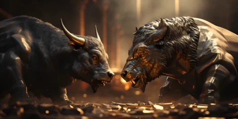 Schilderijen op glas Two bulls engaged in a fierce fight in the middle of a field Bull running. Business bull market concept. © kalsoom