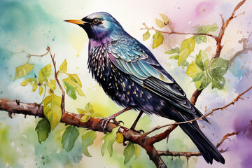 StarlingBird illustration. Highly detailed image of forest and garden avian. Beautiful and colorful ornithology background.