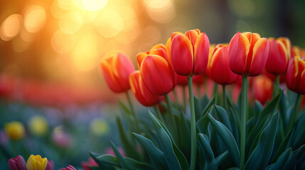 Beautiful bud flowers Tulips close up. Bunch of fresh spring red yellow tulips. Spring season concept. Tulip petals close up. Fresh spring flower. Yellow red blooming tulips on a blue  with copy space