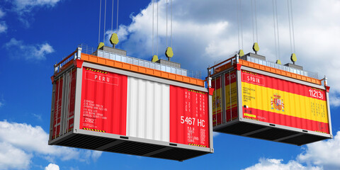 Shipping containers with flags of Peru and Spain - 3D illustration