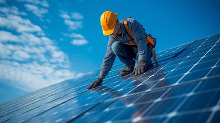 Electrician Working at Solar Panels on roof
