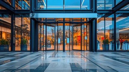 Modern entry: Glass entrance doors to a shopping center with automatic doors and reflections