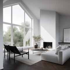 Fototapeta premium Interior design of modern apartment with white sofa, fireplace and table with decor. Interior mockup. Scandinavian interior design. Generative AI