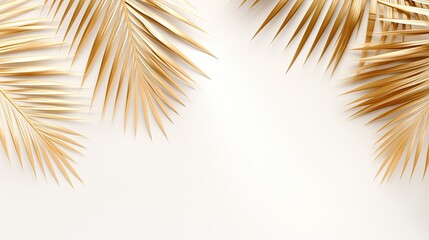 Fototapeta na wymiar Golden tropical palms leaf shadow on a white background copy space
