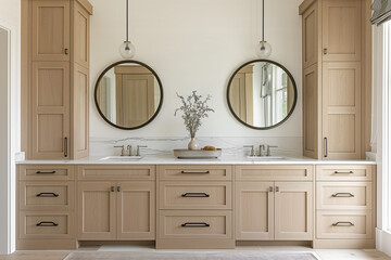 A modern farmhouse, cozy bathroom with large white oak cabinets, white marble countertops, and pendant lights hanging above the black circular mirrors.