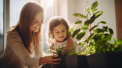 Fototapeta na wymiar Little daughter and mother taking care about houseplants at home