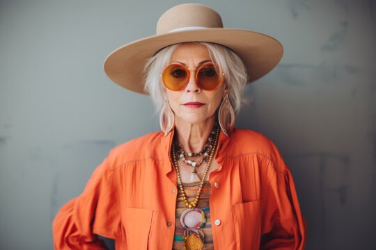 Portrait of a beautiful senior woman in hat and orange shirt with sunglasses