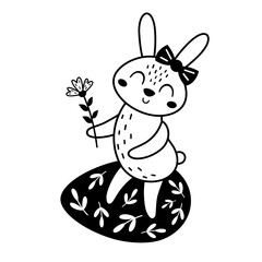 Black and white Easter bunny clipart. Happy Easter clip art in cartoon flat style, perfect for scrapbooking, stickers, tags, greeting cards, party invitations, decor. Vector illustration.