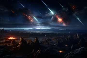 Unpredictable Meteors hit earth. Hit explosion globe. Generate Ai