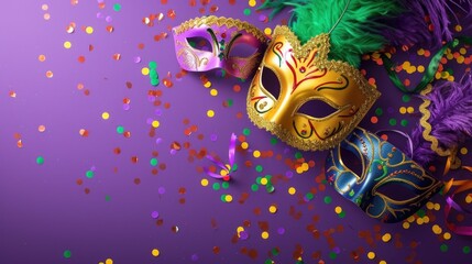 A festive Mardi Gras background with colorful masks and confetti