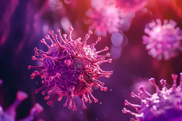 Foto op Canvas Group of herpes viruses on purple background. Herpes simplex. Medical science and research concept. 3D render, illustration. Microscope view © dreamdes