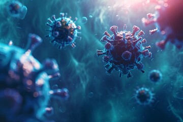 Obraz na płótnie Canvas Group of influenza viruses (flu) on blue background. Coronavirus, COVID-19. Medical science and research concept. 3D render, illustration. Microscope view