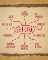 self care - mind map sketch on art paper, vertical poster, healthy lifestyle and personal...