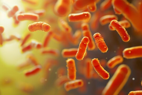 Group of orange bacteria on blue background. Bacterial infections. Medical science and research concept. 3D render, illustration. Microscope view