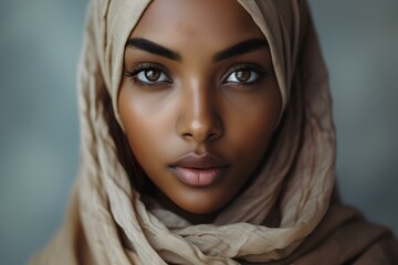 Serene portrait of a young woman in hijab with striking eyes. captivating expression, natural beauty. ideal for diverse representation. AI