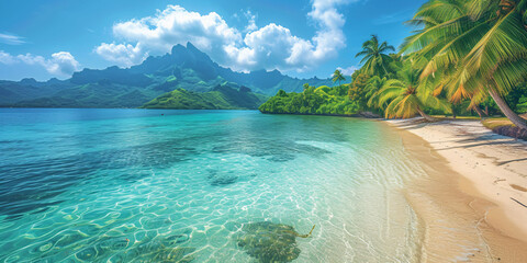 Beach paradise travel vacation tropical getaway in Rangiroa atoll, Tuamotu islands, French Polynesia. Tahiti honeymoon destination with idyllic pristine ocean crystal clear turquoise water. - obrazy, fototapety, plakaty