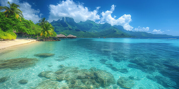 Beach paradise travel vacation tropical getaway in Rangiroa atoll, Tuamotu islands, French Polynesia. Tahiti honeymoon destination with idyllic pristine ocean crystal clear turquoise water.