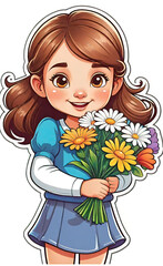 vector illustration, funny cheerful flat logo of girl with flowers, isolated on white background, color children's drawing for illustration, sticker, background for smartphone, children's greeting car