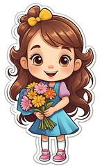 vector illustration, funny cheerful flat logo of girl with flowers, isolated on white background, color children's drawing for illustration, sticker, background for smartphone, children's greeting car