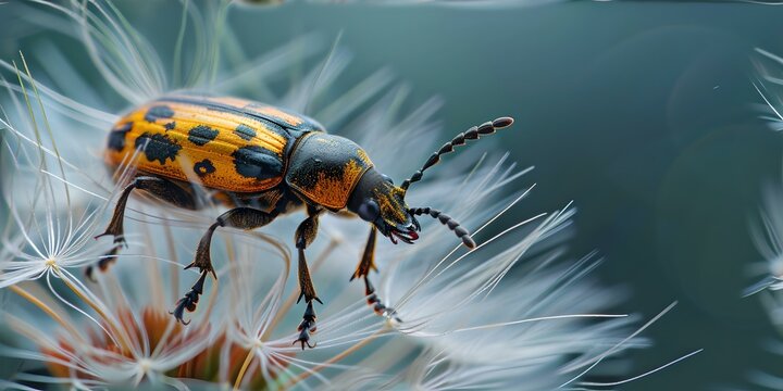 Close-up of a colorful beetle on a dandelion, nature detail shot. perfect for macro photography enthusiasts. AI