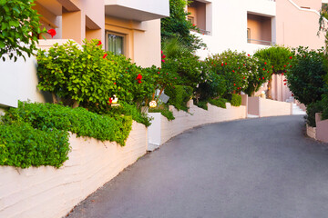 Obraz premium A beautiful view of the territory of the hotel in Greece. Athina palace resort and spa hotel, Mades, Agia Pelagia, Crete.