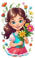 Obraz na płótnie Canvas vector illustration, funny cheerful flat logo of girl with flowers, isolated on white background, color children's drawing for illustration, sticker, background for smartphone, children's greeting car