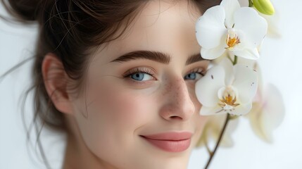 Naklejka premium Serene beauty portrait with delicate orchid. close-up of woman's smiling face. elegance, purity, skincare concept photo. AI