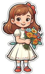 vector illustration, funny cheerful flat logo of girl with flowers, isolated on white background, color children's drawing for illustration, sticker, background for smartphone, children's greeting 
