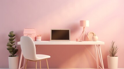 Blush Serenity: A Minimalist Workspace Bathed in Soft Pink Light. Digital Dreamscape: A Pink-Hued Minimalist Workstation in Hyper-Realistic Detail.