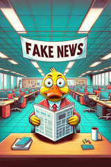 yellow duck reads misinformation in the newspaper