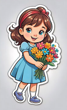 vector illustration, funny cheerful flat logo of girl with flowers, isolated on white background, color children's drawing for illustration, sticker, background for smartphone, children's greeting 