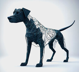 Futuristic dog 3D wireframe. Cute funny dog form lines and triangles on studio background. Polygonal wireframe puppy on blue night sky with dots and stars.
Polygonal wireframe mesh art, poly low.