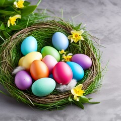 Fototapeta na wymiar Pastel Easter Eggs in a Natural Nest Setting
